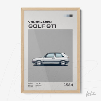 minimalist illustration of a 1984 volkswagen golf gti in light wood frame