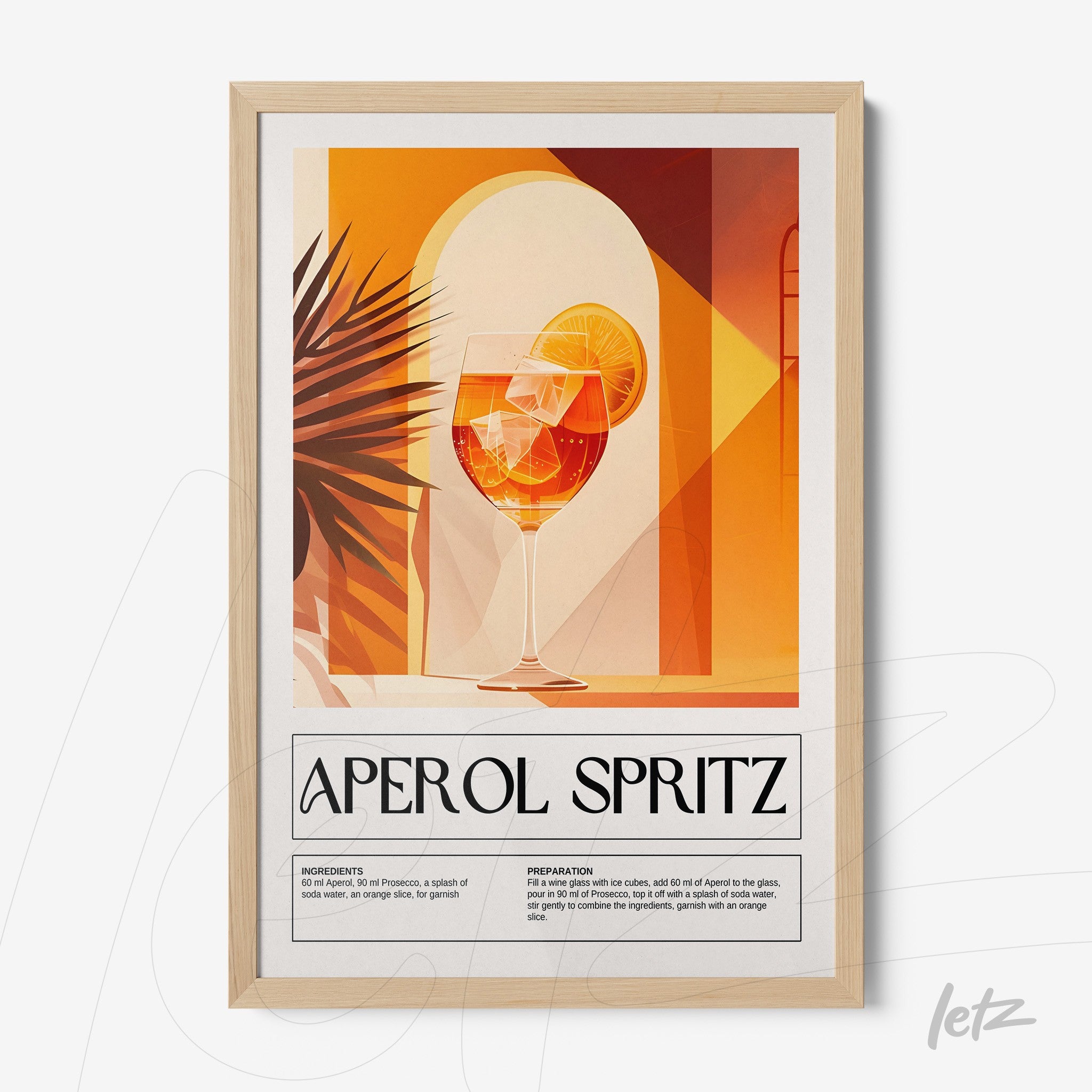 framed graphic art of aperol spritz cocktail with bright orange background and light frame