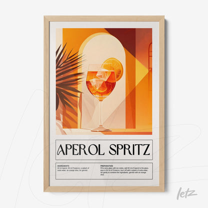 framed graphic art of aperol spritz cocktail with bright orange background and light frame