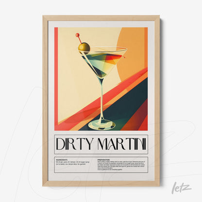 retro style framed art depicting a dirty martini cocktail with light frame