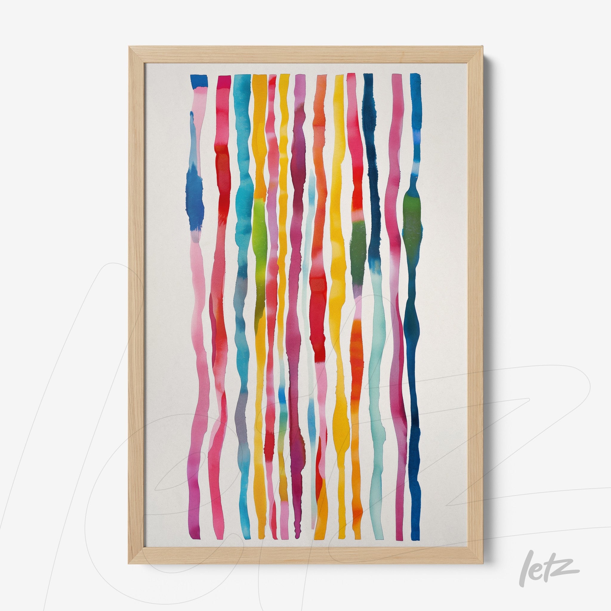abstract artwork featuring vertical colorful stripes in light wood frame