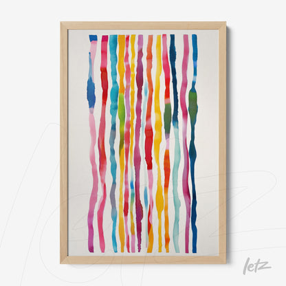 abstract artwork featuring vertical colorful stripes in light wood frame
