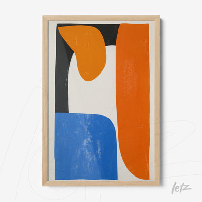 framed abstract art featuring shades of blue, orange, and black with light wood frame