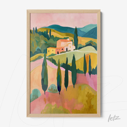 framed artwork of a pastoral landscape in pastel colors featuring rolling hills, cypress trees, and a rustic house in a light wood frame