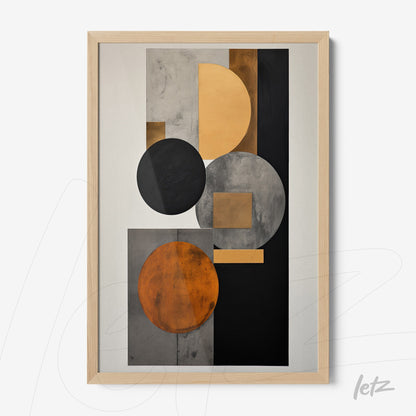 abstract wall art featuring geometric shapes in orange, black, and gray, framed in light wood