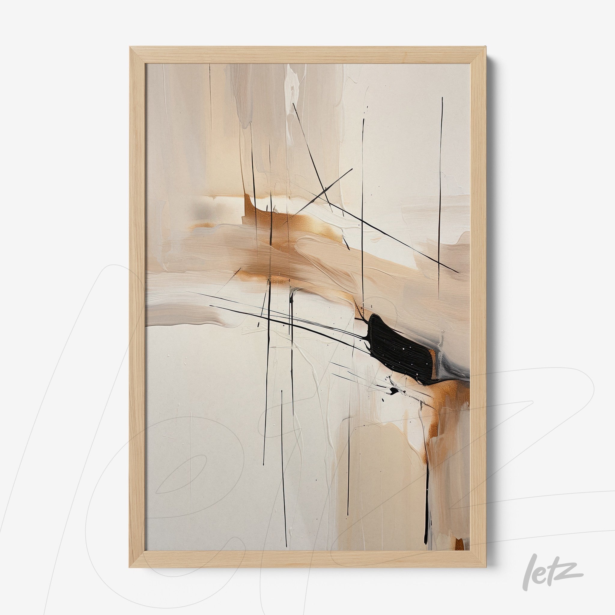 abstract artwork featuring black lines and strokes in neutral tones, framed in light wood