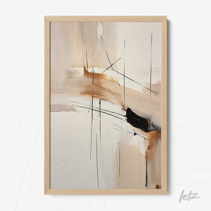 abstract artwork featuring black lines and strokes in neutral tones, framed in light wood