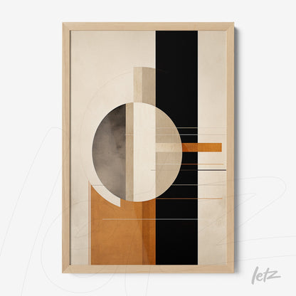 framed abstract wall art in earthy tones and black featuring geometric shapes and lines with light wood frame