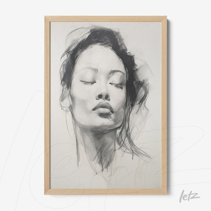 framed artwork featuring a minimalist black line drawing of a female face with light wood frame