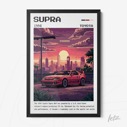 framed pixel art of the 1994 toyota supra, featuring a sunset background in shades of orange and purple