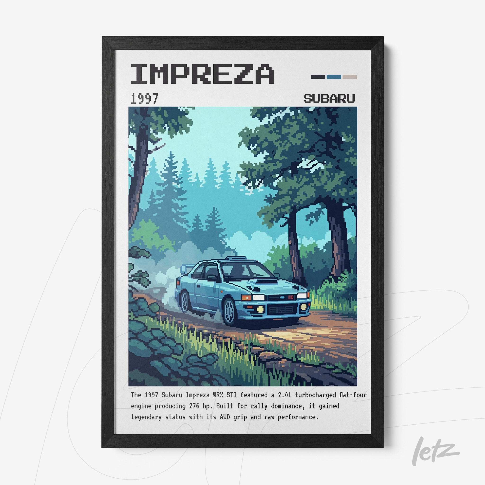 framed pixel art of a 1997 Subaru Impreza in a lush green landscape