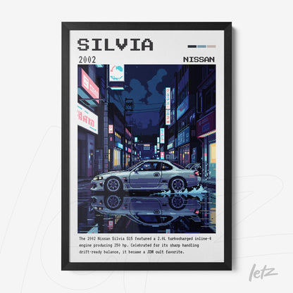 framed pixel art of the 2002 Nissan Silvia in an urban night scene