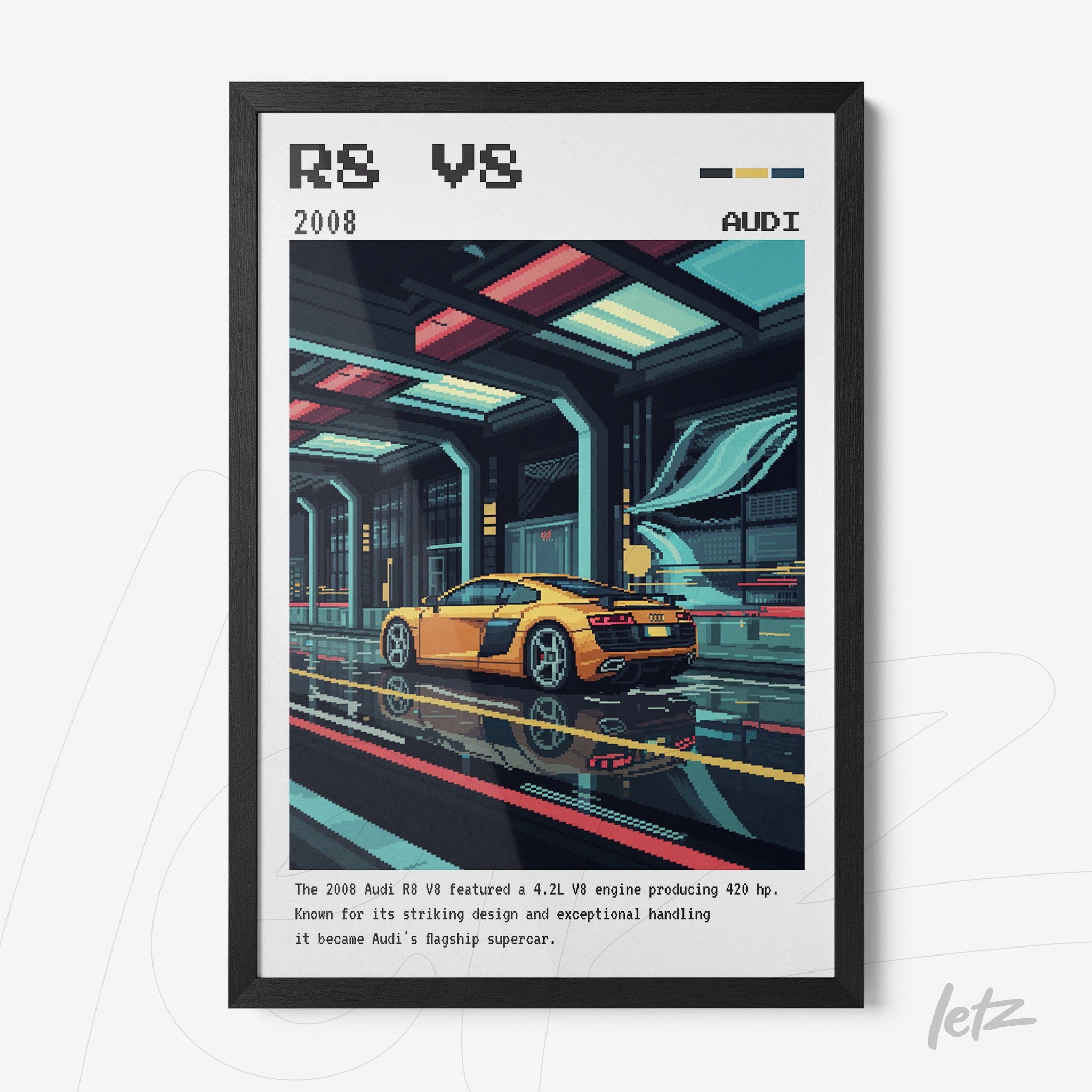 framed artwork featuring pixel art of a yellow Audi R8 in a futuristic setting