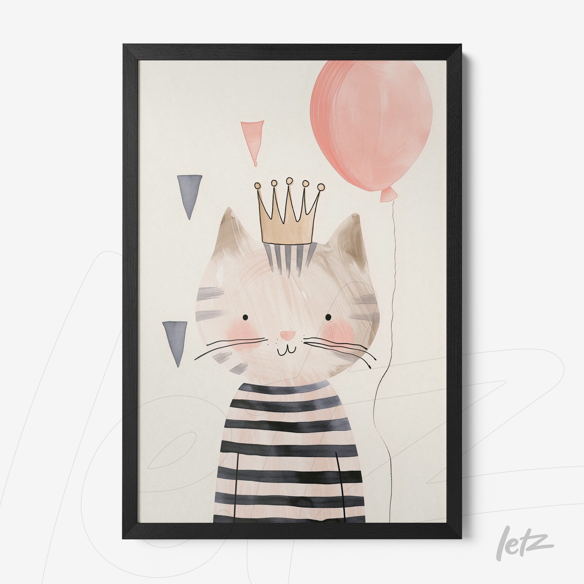 framed artwork of a cat celebrating with a pink balloon and crown, featuring a black thin frame