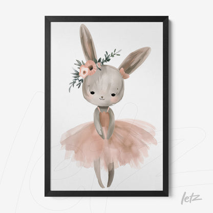 framed artwork of a bunny wearing a pink tutu and flower crown