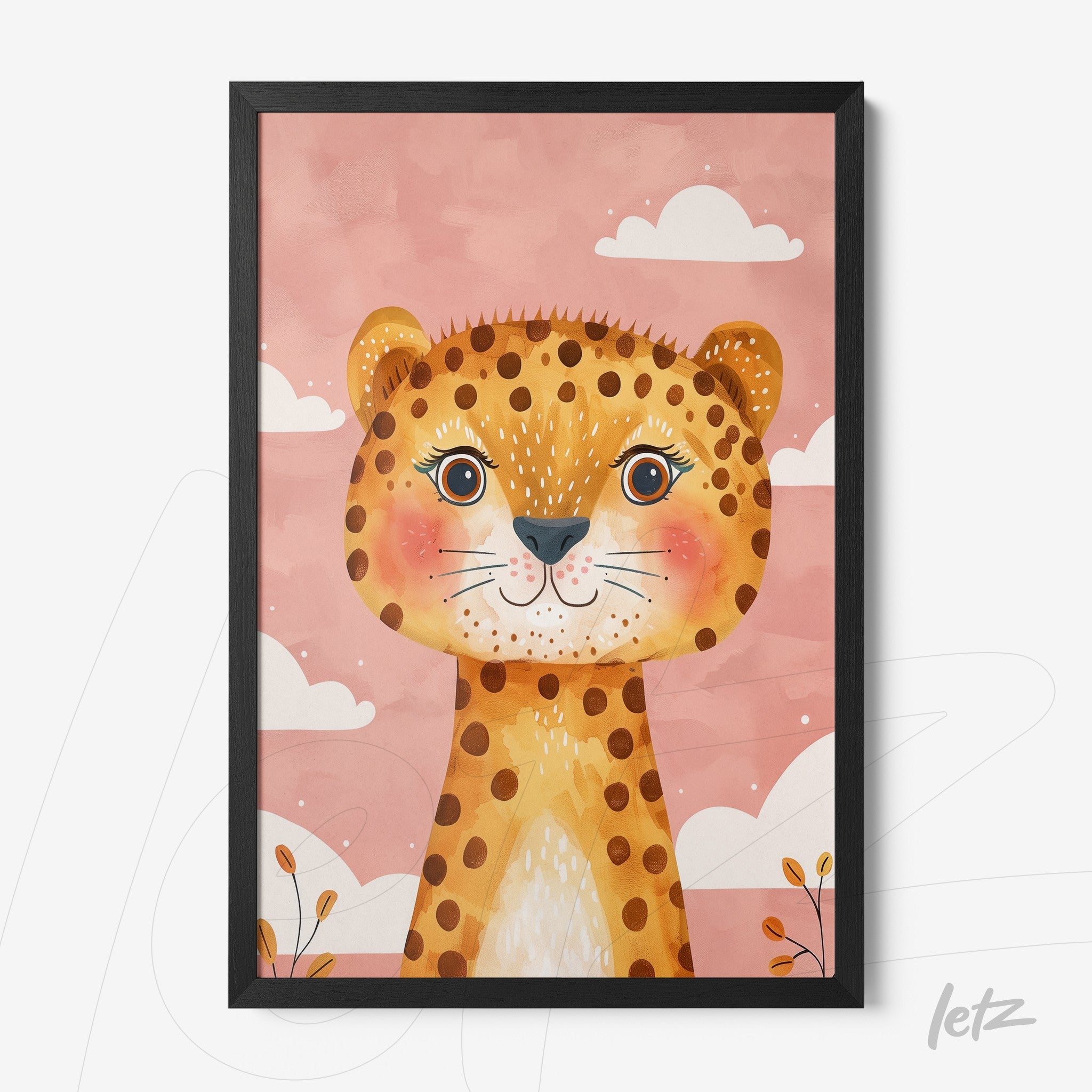 framed artwork featuring a cute leopard illustration on a pink background with white clouds