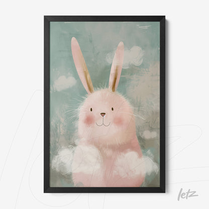 framed art featuring a cute pink bunny with long ears against a soft blue background