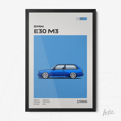 framed minimalist illustration of a BMW E30 M3 on blue background with black frame