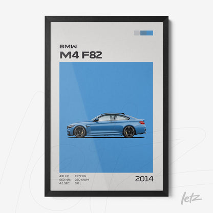 framed digital art of a blue BMW M4 F82 against a blue background