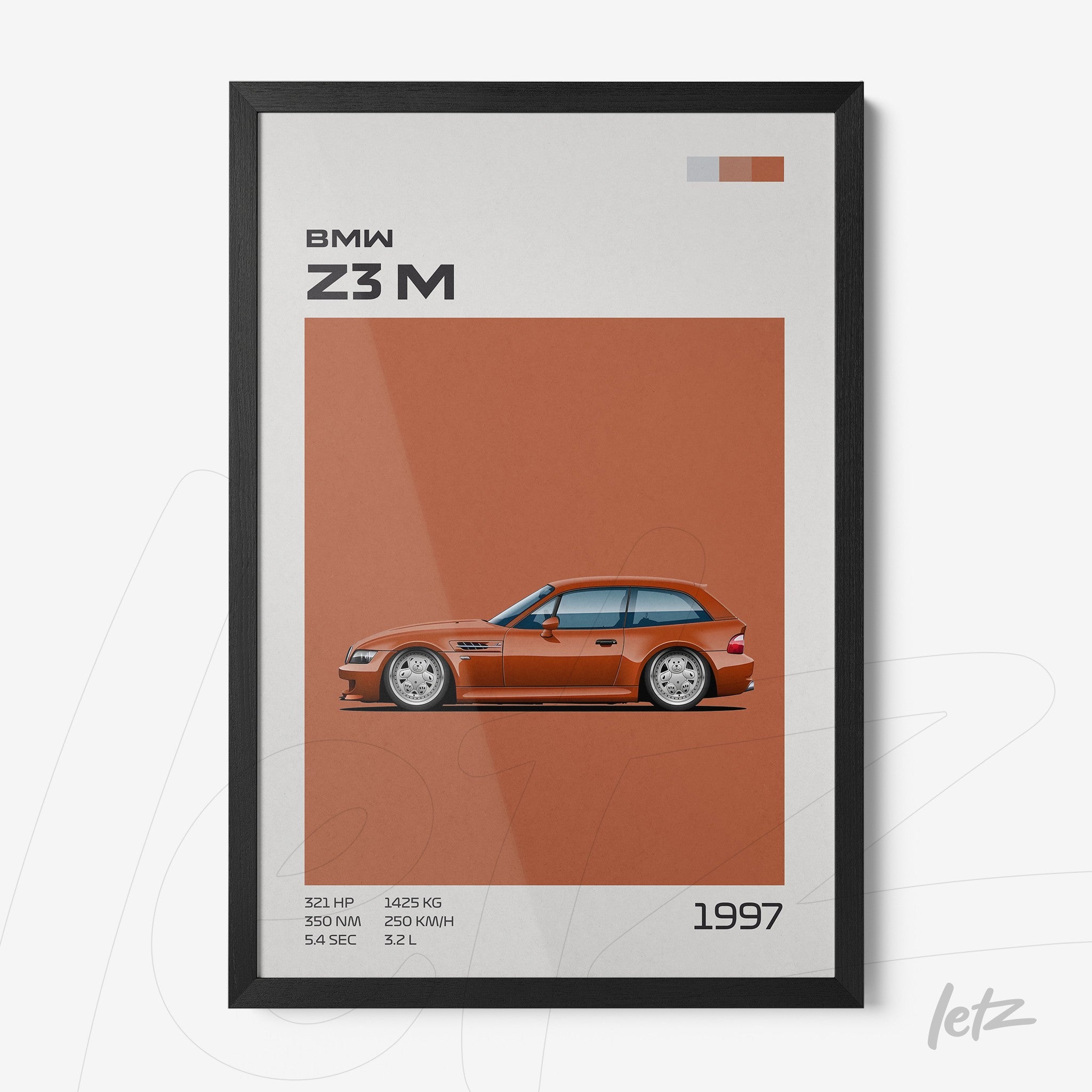 framed wall art featuring an illustration of a BMW Z3 M on an orange background