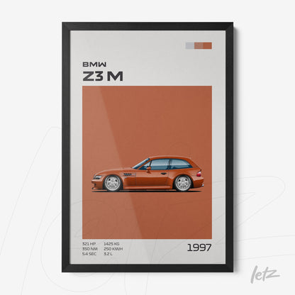 framed wall art featuring an illustration of a BMW Z3 M on an orange background