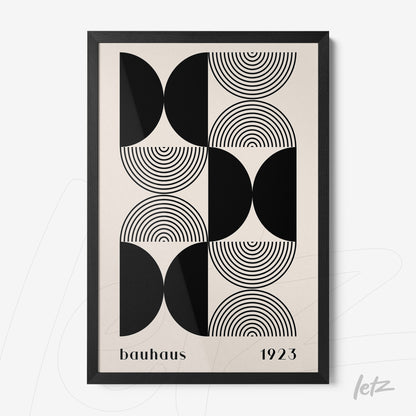 poster featuring a black and white geometric illustration inspired by bauhaus style, with a simple black frame