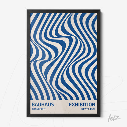 blue and white graphic art poster in Bauhaus style with black frame