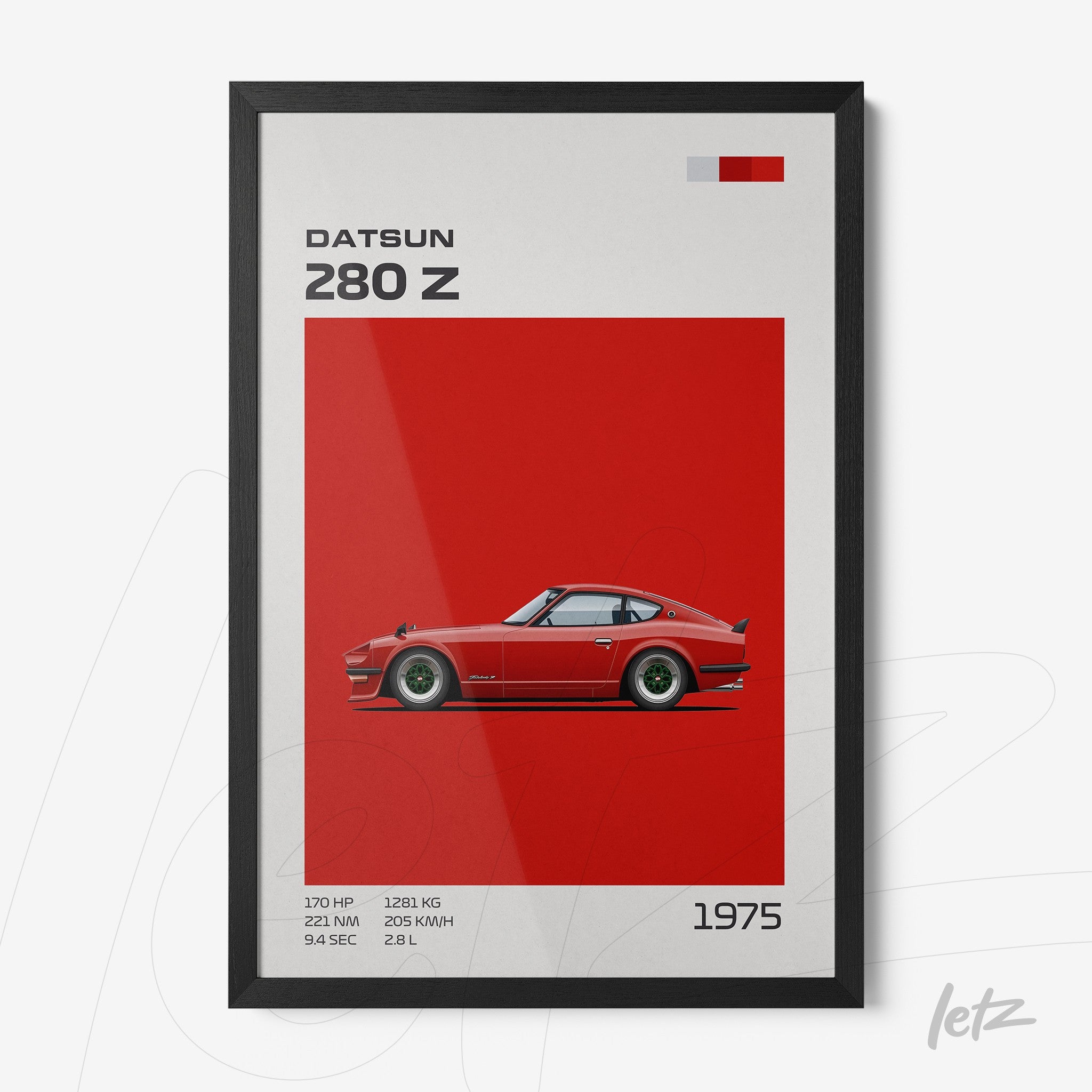 framed graphic artwork of Datsun 280 Z car featuring vibrant red background and black frame