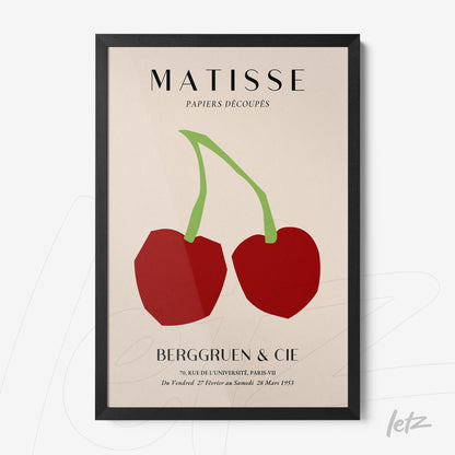 framed artwork featuring stylized red cherries on beige background with classic typography