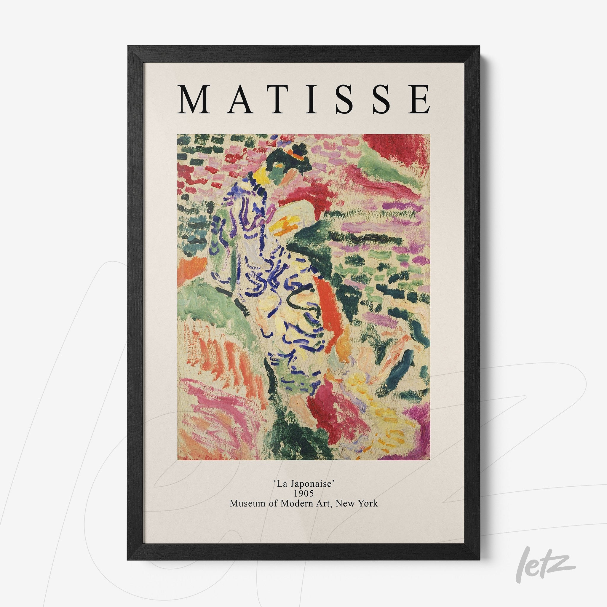 framed artwork by Matisse titled 'La Japonaise' with black frame and light background