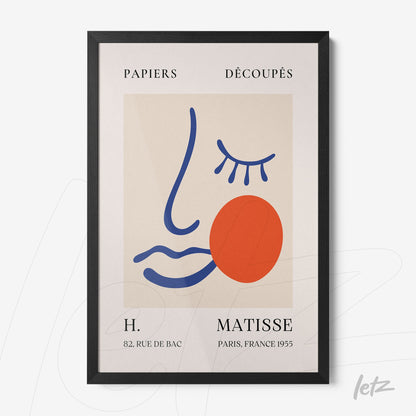 modern art framed print featuring geometric shapes in blue and red, black frame, light background, and stylized typography