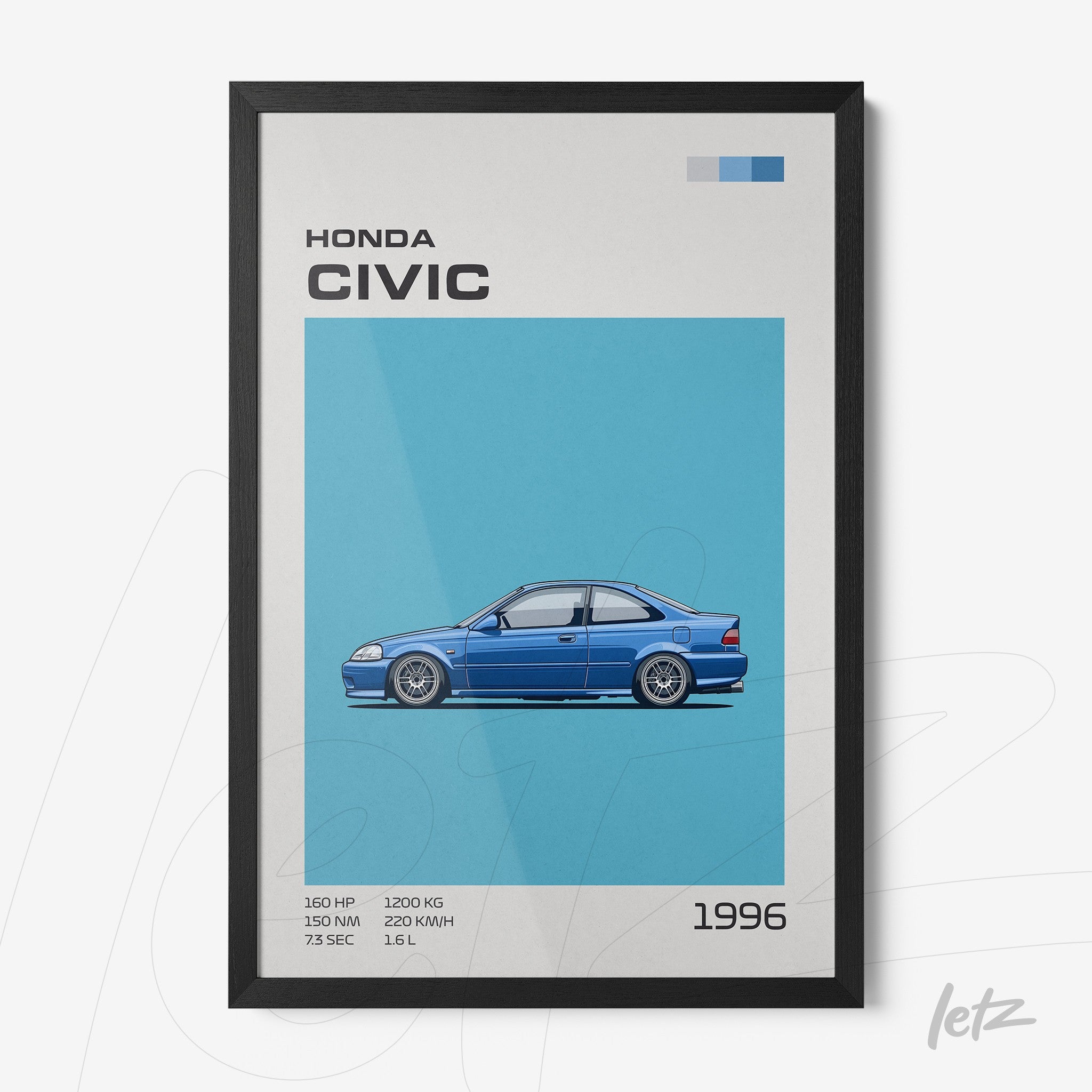 framed artwork featuring a stylized illustration of a 1996 Honda Civic with a black frame