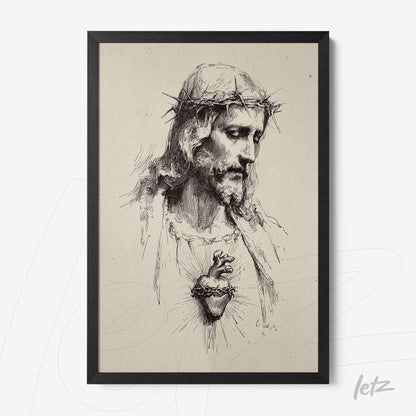 framed wall art depicting the portrait of Jesus Christ with a crown of thorns and exposed heart in black frame