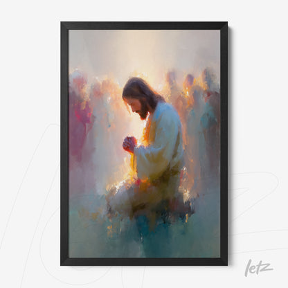 framed wall art featuring an emotional depiction of Jesus in prayer with a foggy pastel-colored background