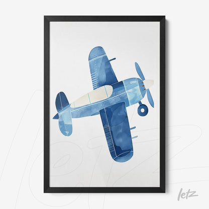 framed art print of an airplane in shades of blue