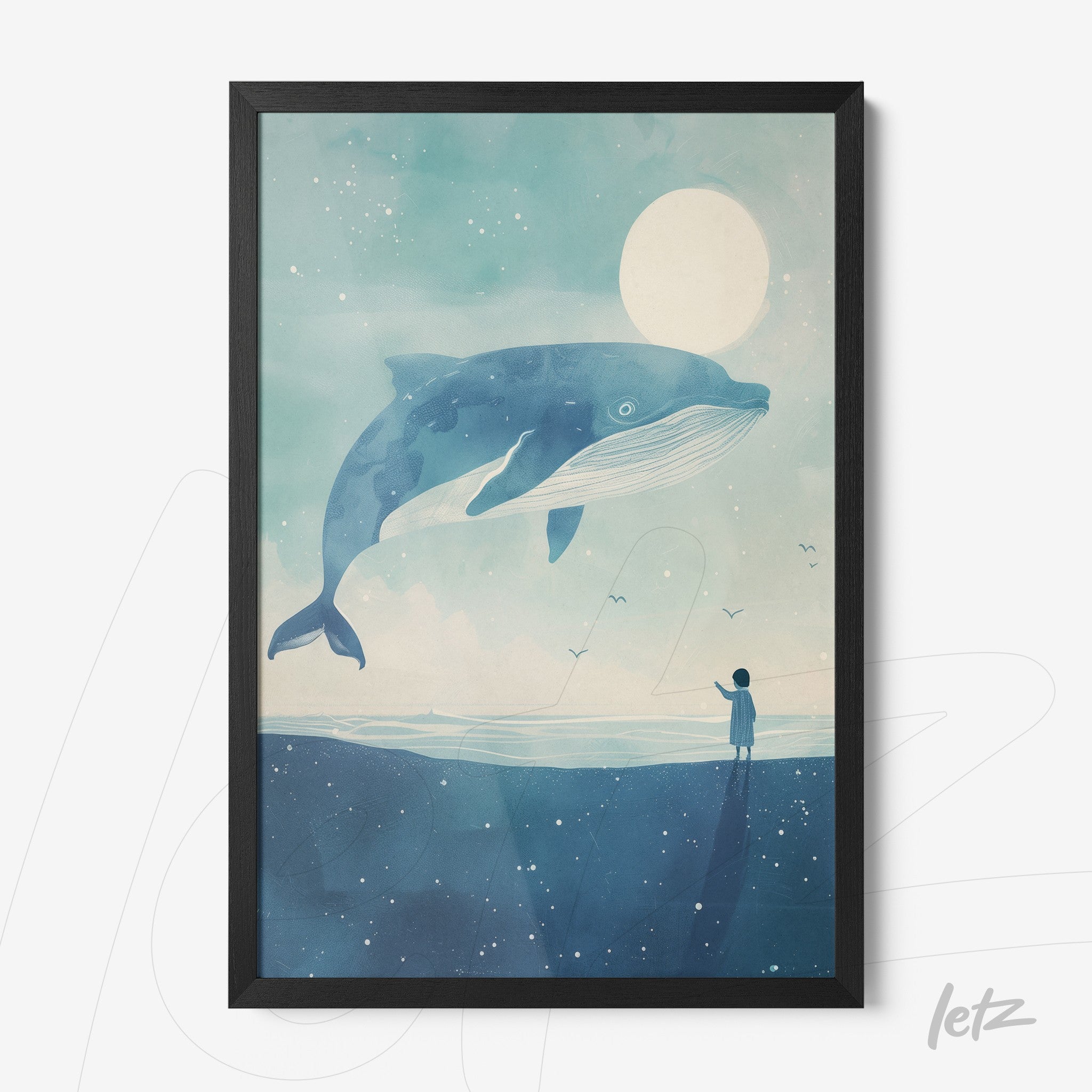 framed digital artwork of a giant blue whale against a light blue background, featuring a small human figure watching and a large moon