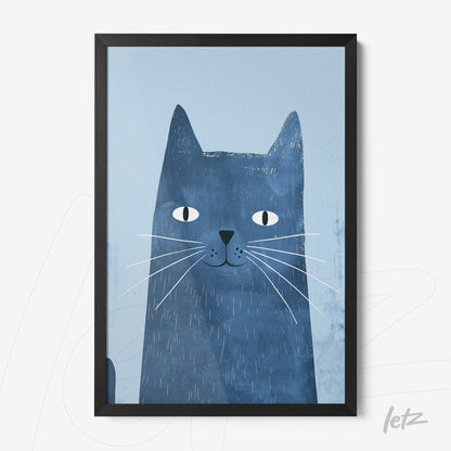 framed artwork featuring a blue cat illustration on light background with black frame