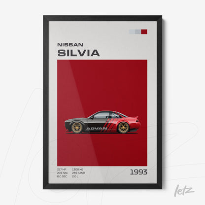 framed digital art of Nissan Silvia car on vibrant red background with black frame