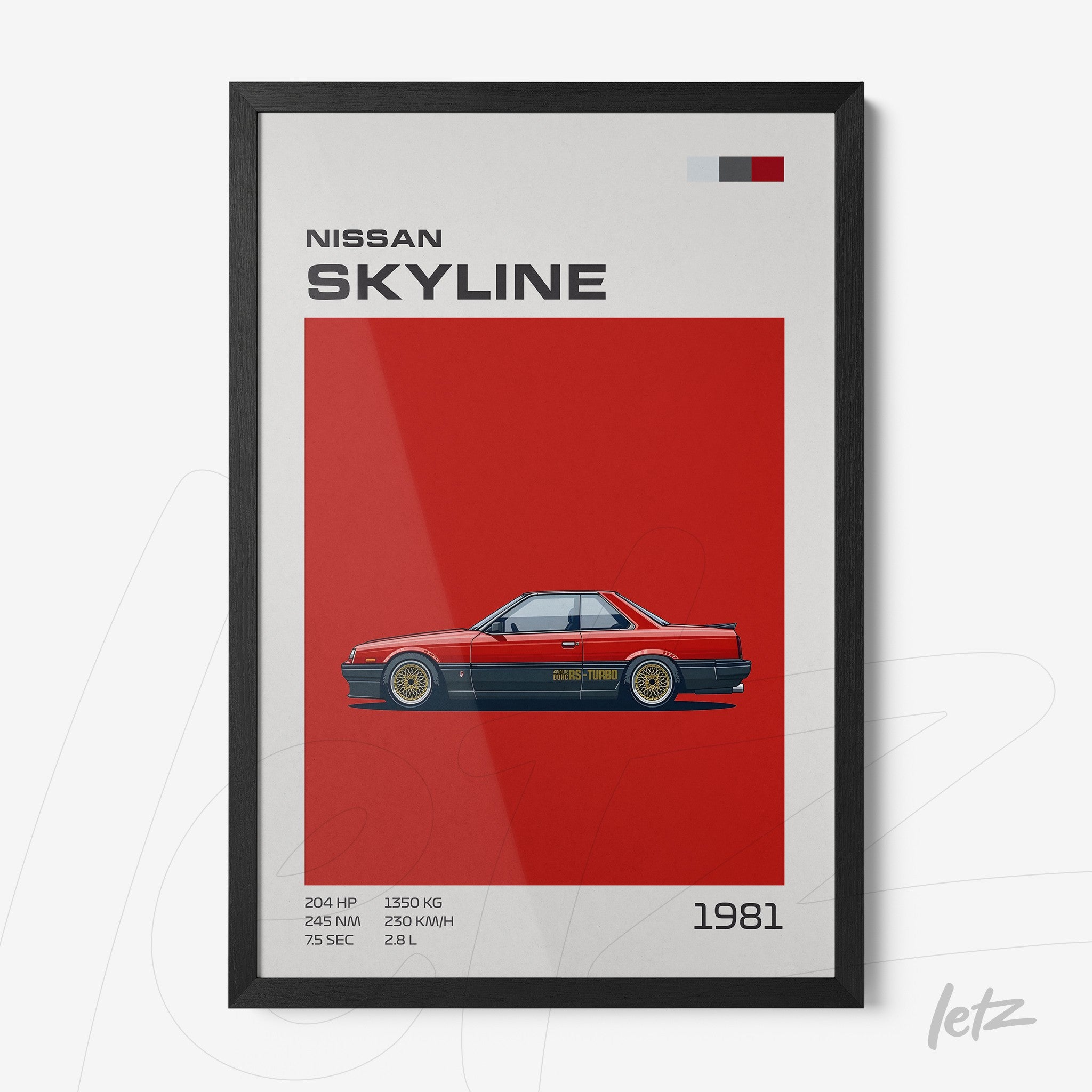 framed art print of Nissan Skyline car in vibrant red background with black frame
