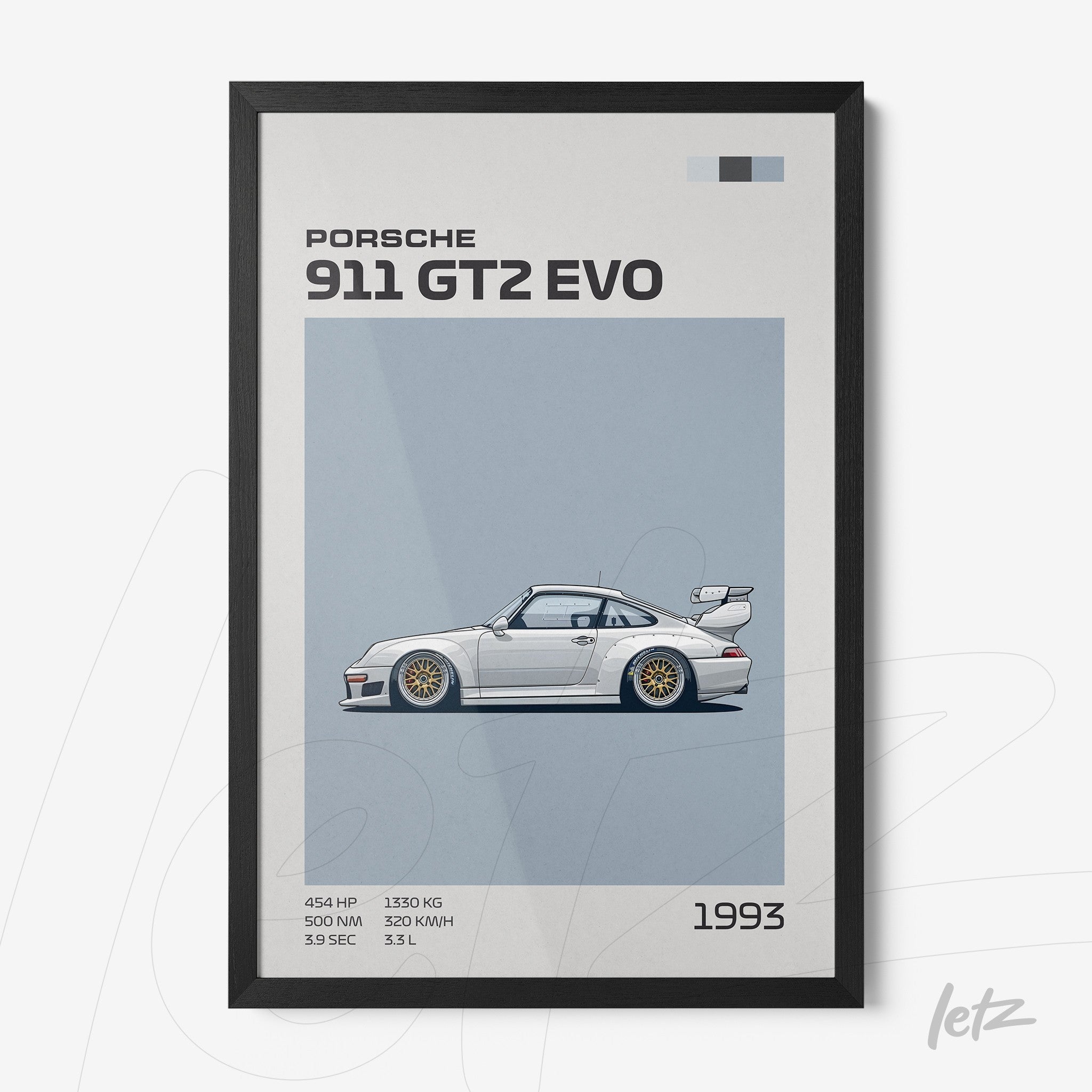 framed art print of the Porsche 911 GT2 EVO featuring a minimalist design with a light blue background