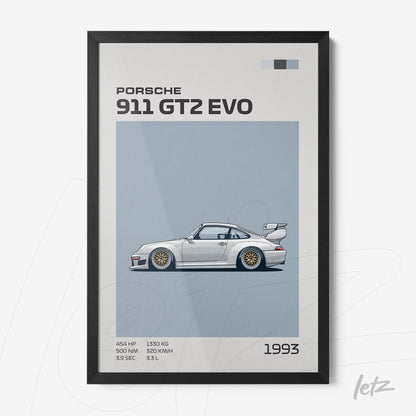 framed art print of the Porsche 911 GT2 EVO featuring a minimalist design with a light blue background