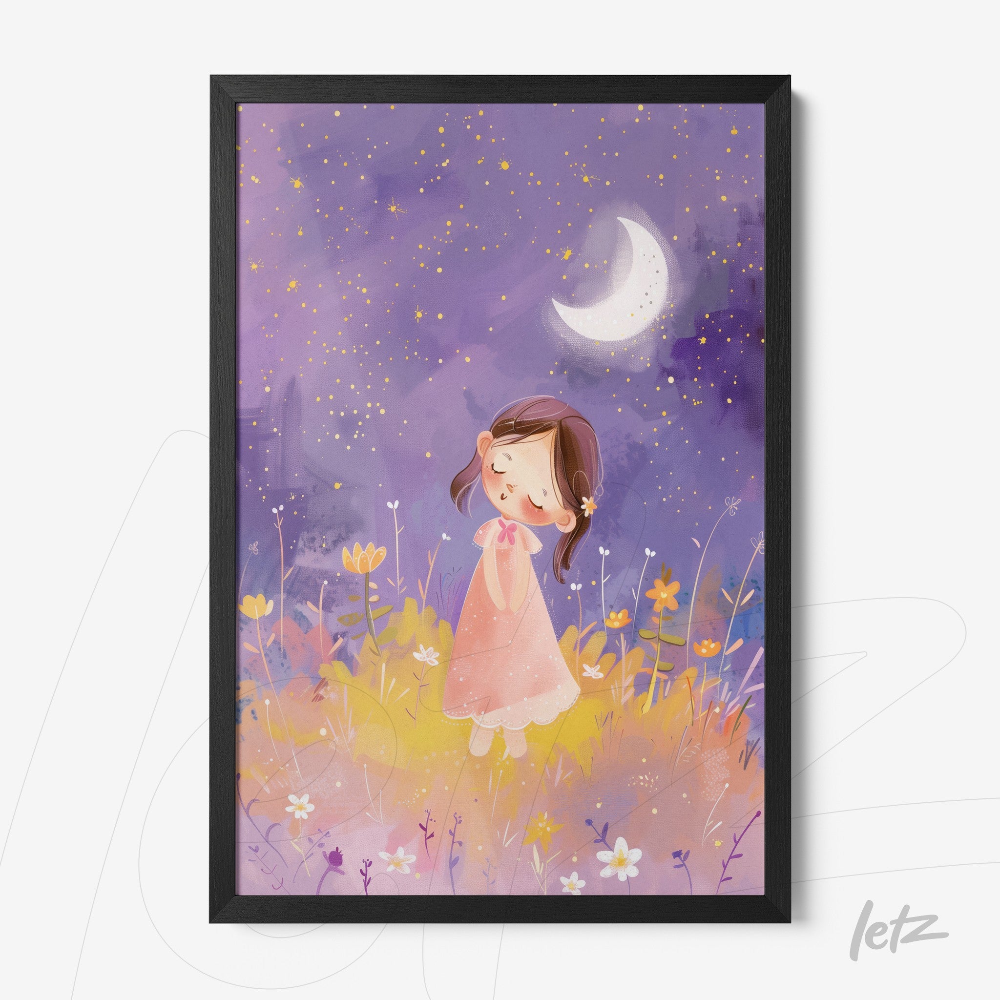 framed digital art of a girl in a pink dress standing in a flower field under a starry sky and crescent moon