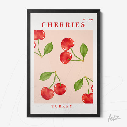 framed illustration of red cherries on a pink background with black frame