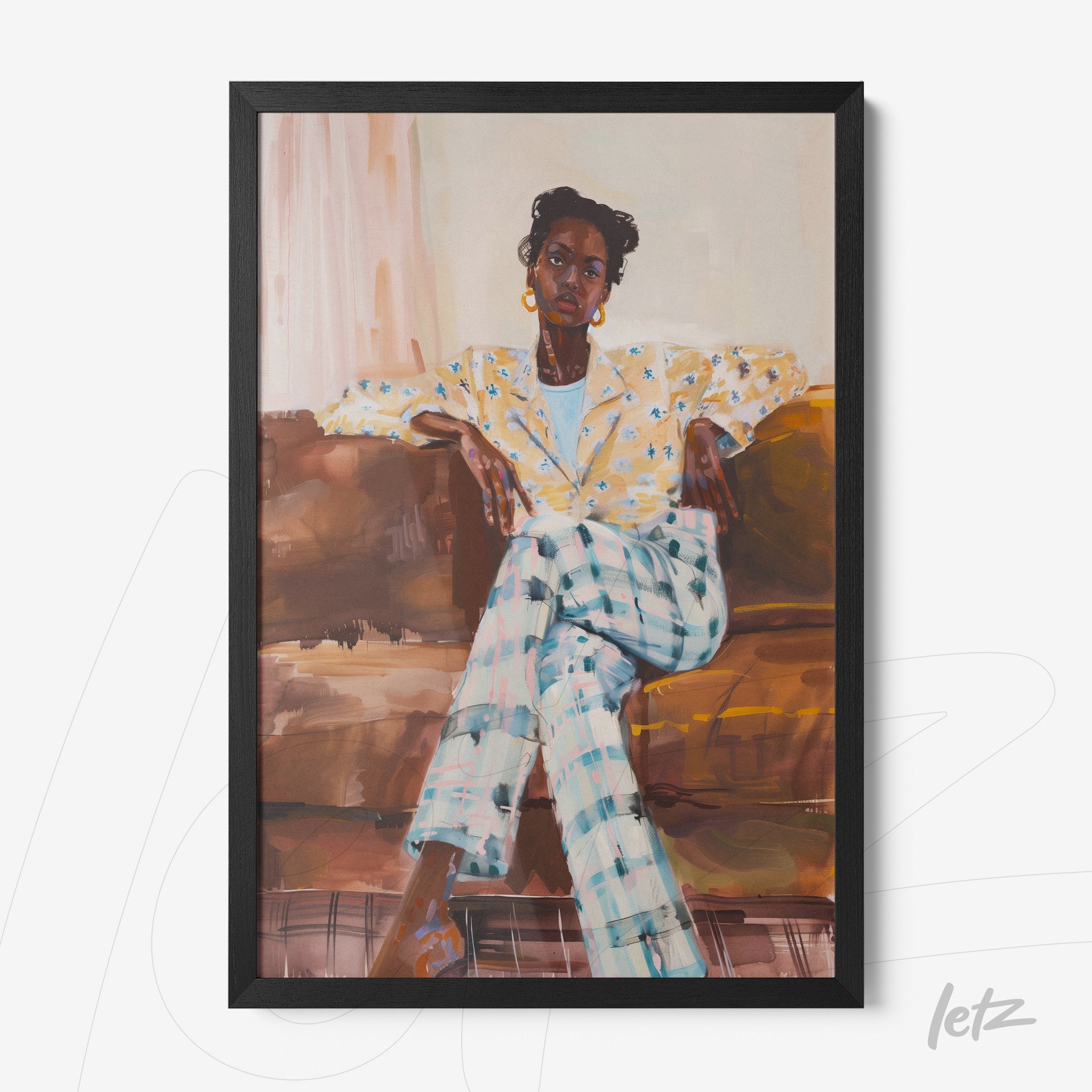 framed artwork of a seated woman in floral jacket and striped pants on a sofa