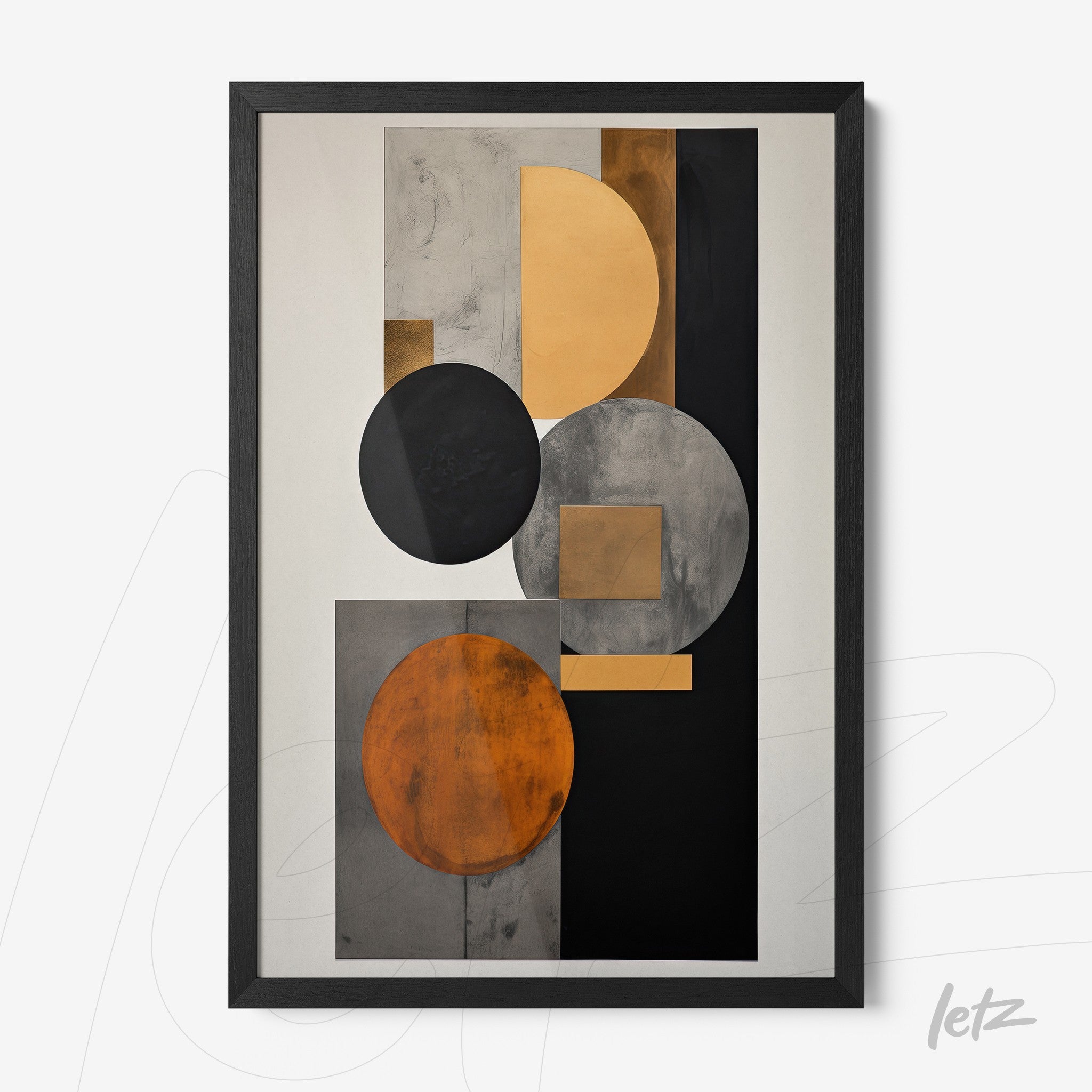 modern framed wall art featuring an abstract composition of circular shapes in black, orange, and gold