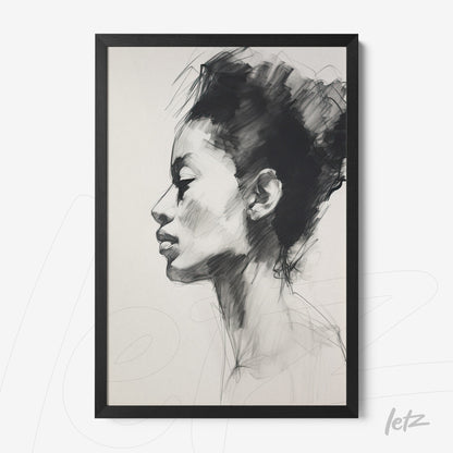 framed artwork featuring a profile portrait of a woman in black and white pen strokes with black frame