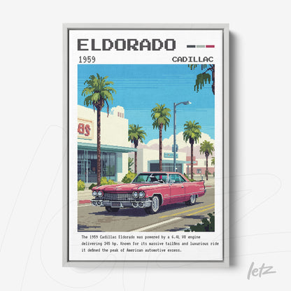 framed digital art of a 1959 Cadillac Eldorado with palm trees in the background and a retro aesthetic