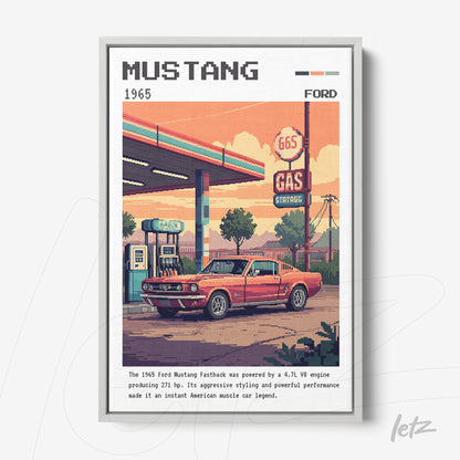 framed retro-style digital artwork featuring a red Ford Mustang at a vintage gas station under a blue sky