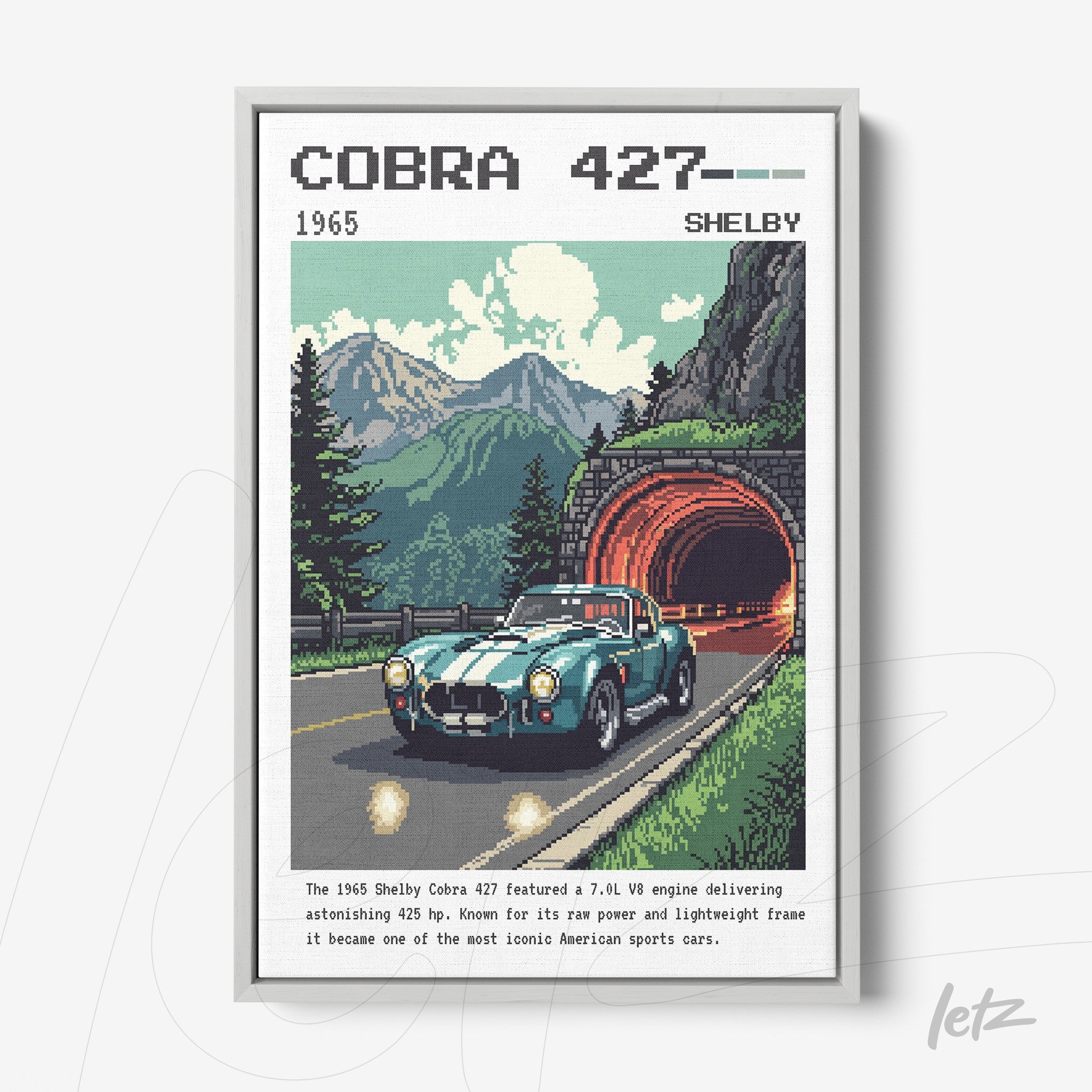 retro illustration of Shelby Cobra 427 car on a road with mountains in the background and a red tunnel