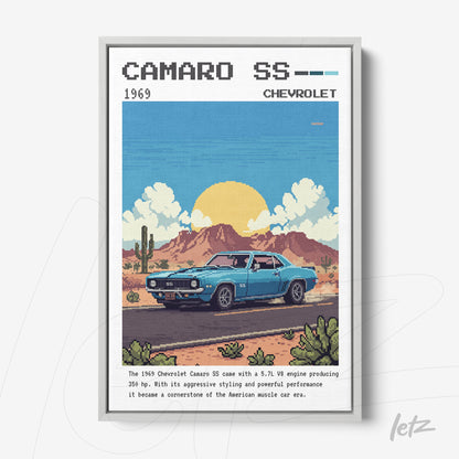 framed digital art of a 1969 Chevrolet Camaro SS set against a desert and mountain backdrop